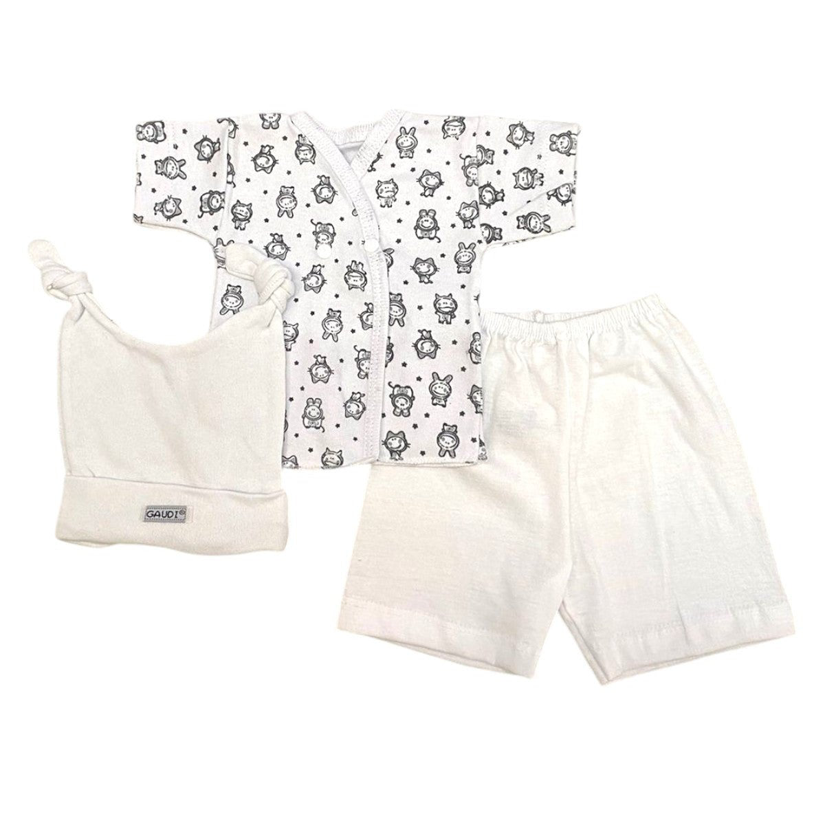 Pack x6 - 10 Conjunto de 3 piezas batita manga corta shorcito y gorrito en caja
