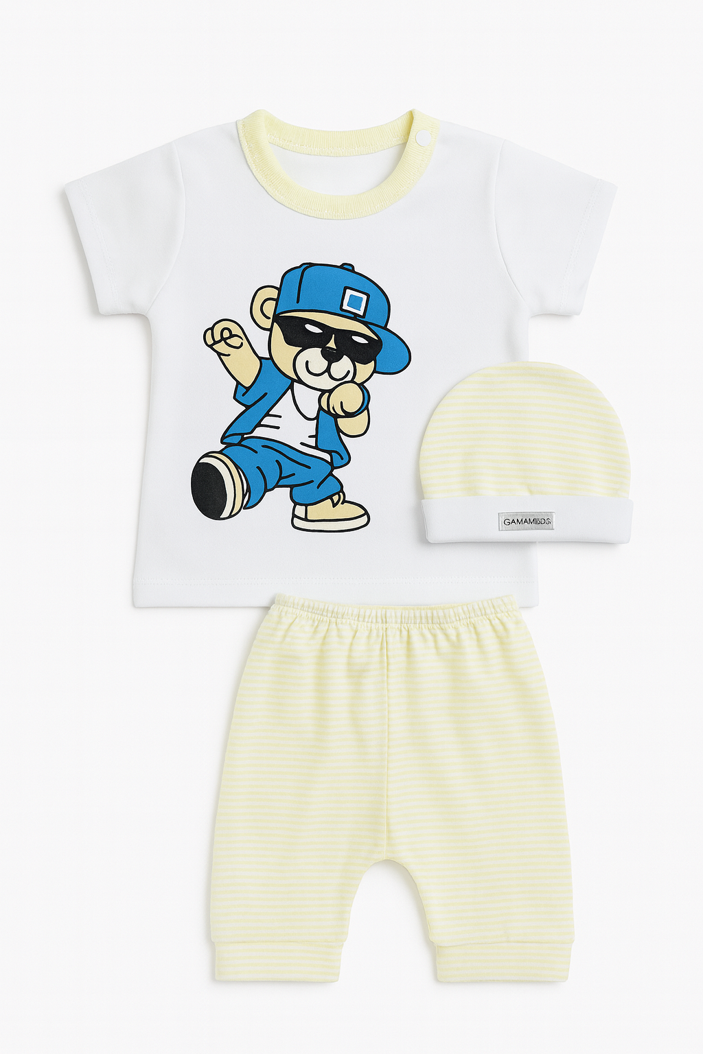 Pack X5 Conjunto remera con estampa, short rayado y gorrito