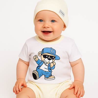 Pack X5 Conjunto remera con estampa, short rayado y gorrito