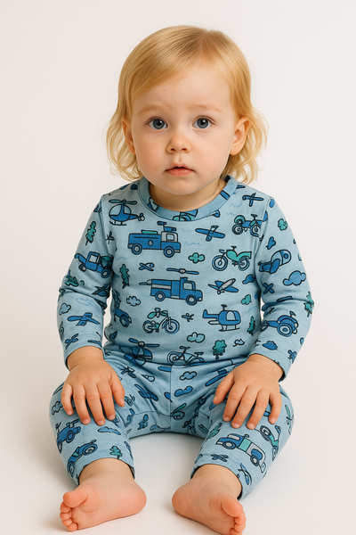 Pack X5 Conjunto Pijama estampado manga larga autitos azul
