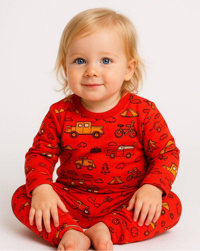 Pack X5 Conjunto Pijama estampado manga larga autitos rojo