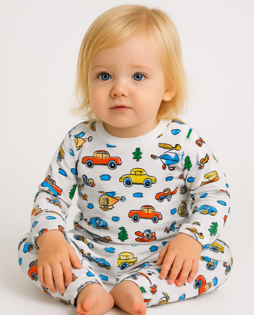 Pack X5 Conjunto Pijama estampado manga larga autitos blanco