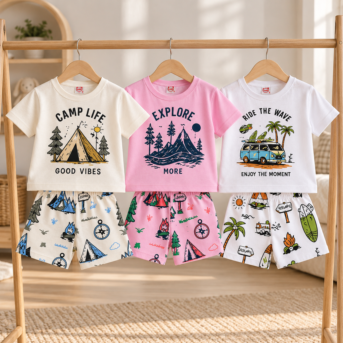 Pack X3 Conjunto remera con estampa y short estampado Bosque
