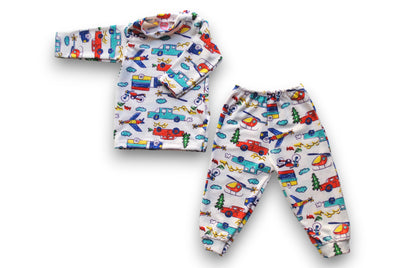 Pack X5 Conjunto Pijama estampado manga larga autitos blanco
