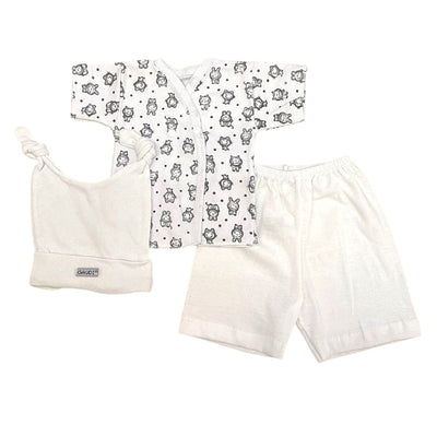 Pack x6 - 10 Conjunto de 3 piezas batita manga corta shorcito y gorrito en caja